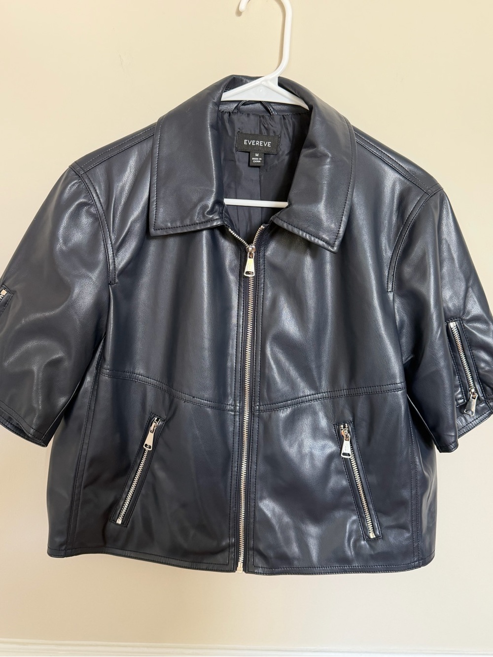 Evereve Navy Blue Short-Sleeve Zip Faux Leather Jacket